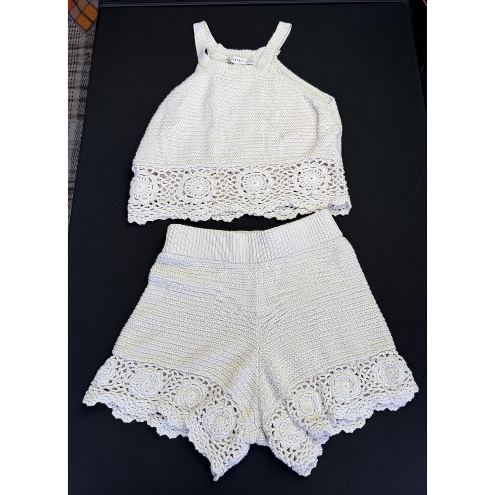 Sincerely Jules XS Cream Crochet Knit 2Pc Set Halter Crop Top Shorts Boho Summer